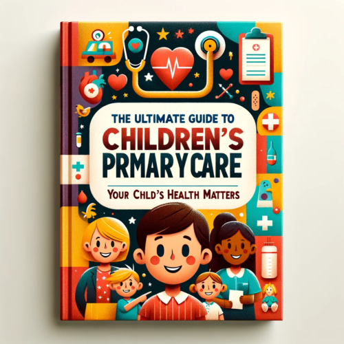 A colorful book cover featuring smiling children, medical symbols like a heart and a Band-Aid, and a stethoscope. The title 'The Ultimate Guide to Children's Primary Care: Your Child's Health Matters' is displayed at the top.