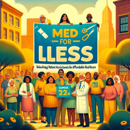 Heartfelt poster for 'Med for Less: Unlocking Patient Assistance Programs for Affordable Healthcare' with diverse people holding a sign.