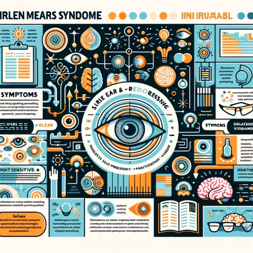 Infographic on Irlen Mears Syndrome with icons for symptoms, causes, and solutions.